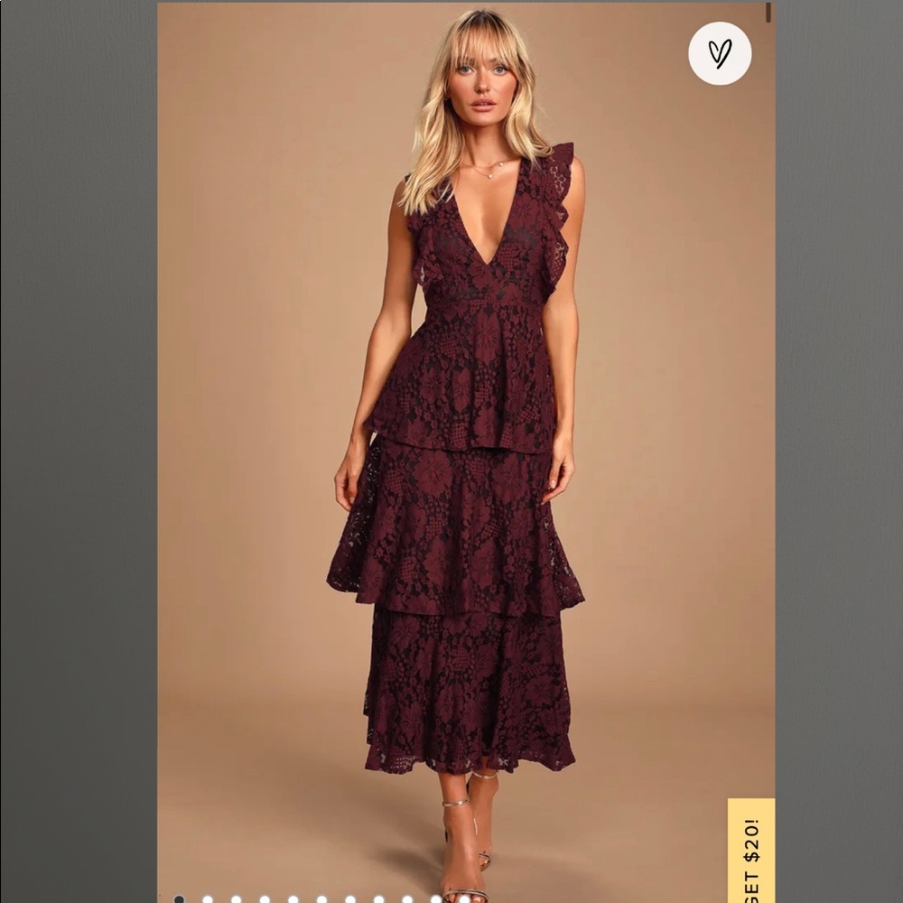 Lulus Molinetto Burgundy Lace Ruffled Tiered Sleeveless Maxi Dress